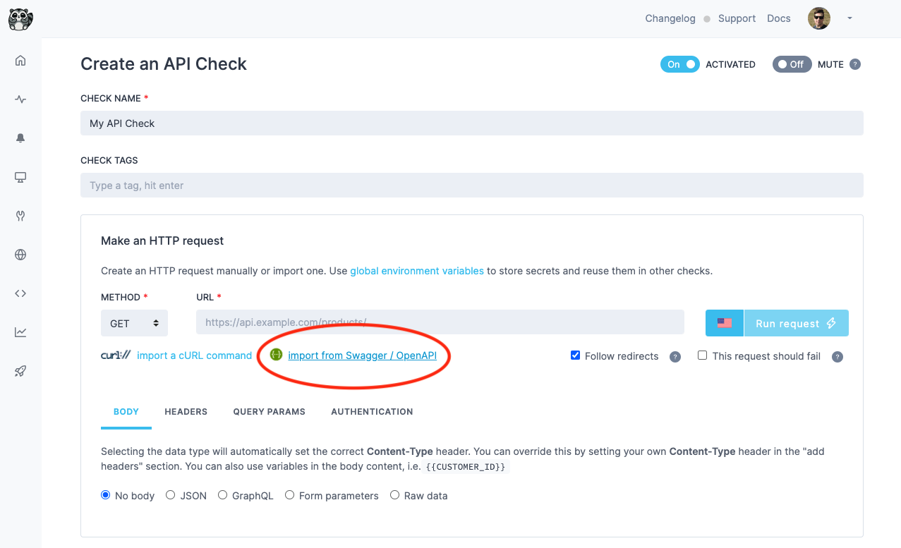 screenshot of checkly check api creation openapi import button